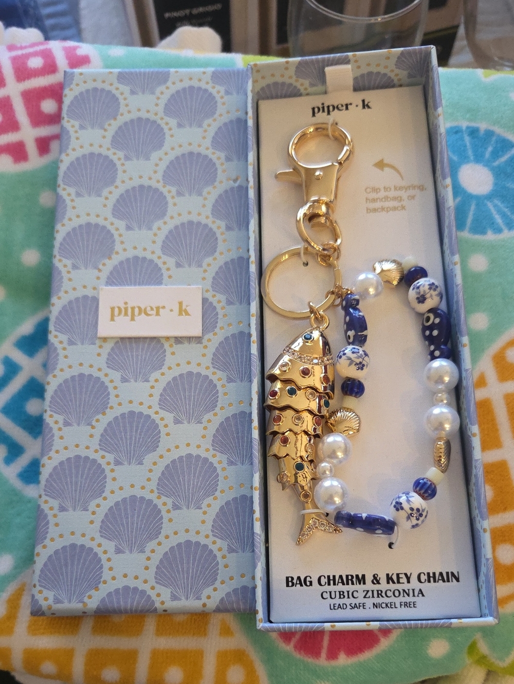 piper·k Gold Fish Bag Charm & Key Chain in Blue and White